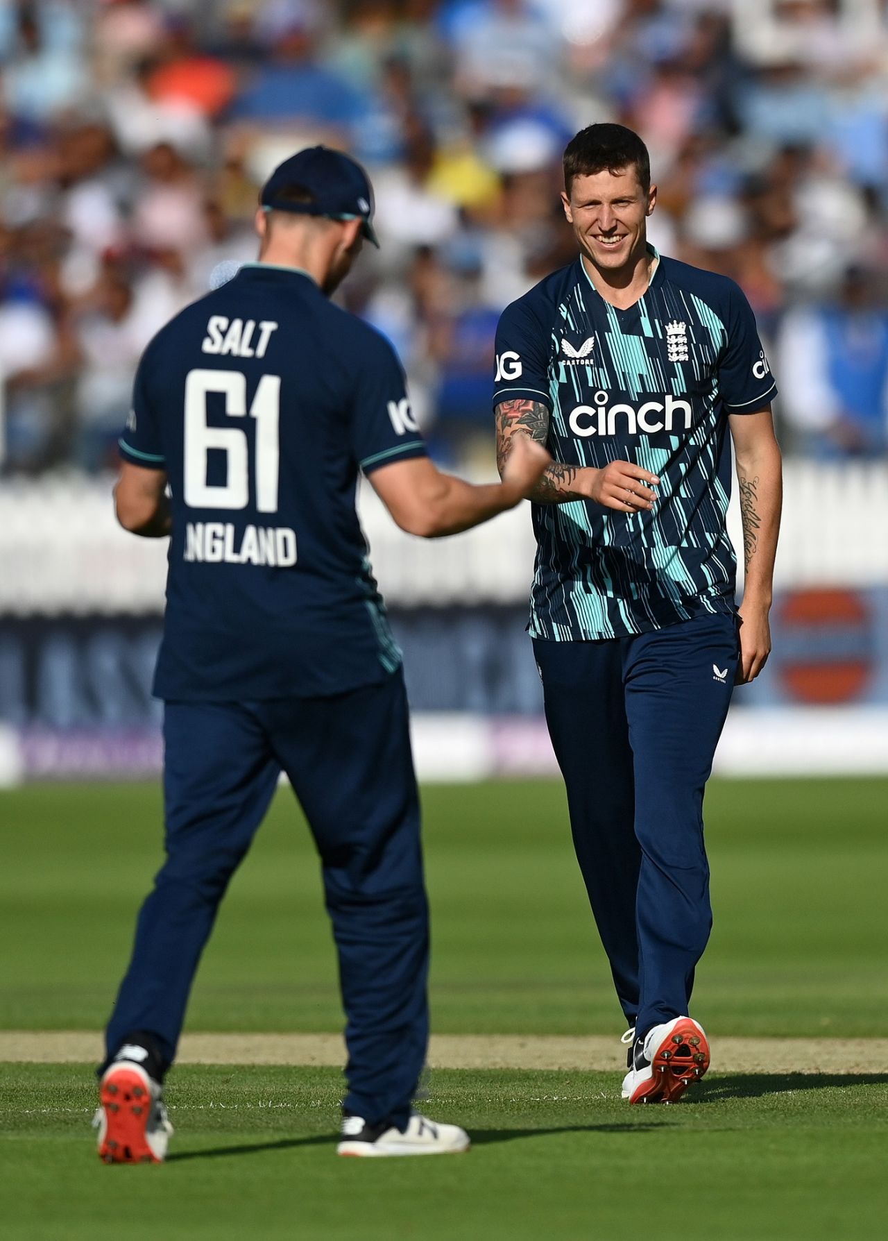 Brydon Carse celebrates with Phil Salt, England vs India, 2nd ODI, Lord's, London, July 14, 2022
