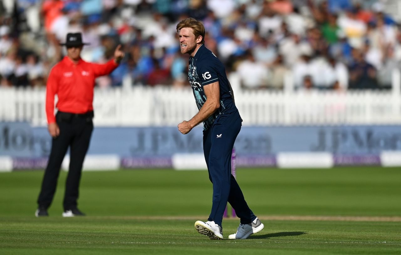 David Willey is pumped after dismissing Virat Kohli, England vs India, 2nd ODI, Lord's, London, July 14, 2022
