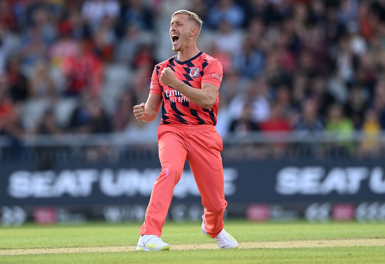 Luke Wood roars in celebration, Lancashire vs Essex, Vitality Blast, Old Trafford, July 8, 2022