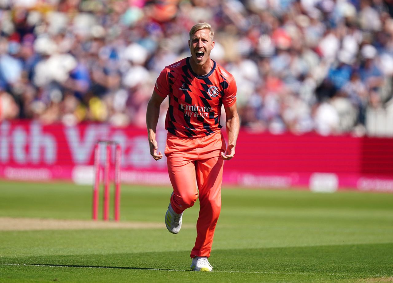 Luke Wood celebrates taking the wicket of Adam Lyth, Vitality Blast T20, 1st semi-final, Yorkshire vs Lancashire, Edgbaston, July 16, 2022