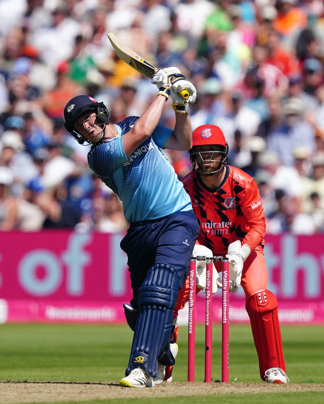 Tom Kohler-Cadmore launches the ball towards long-on, Vitality Blast T20, 1st semi-final, Yorkshire vs Lancashire, Edgbaston, July 16, 2022