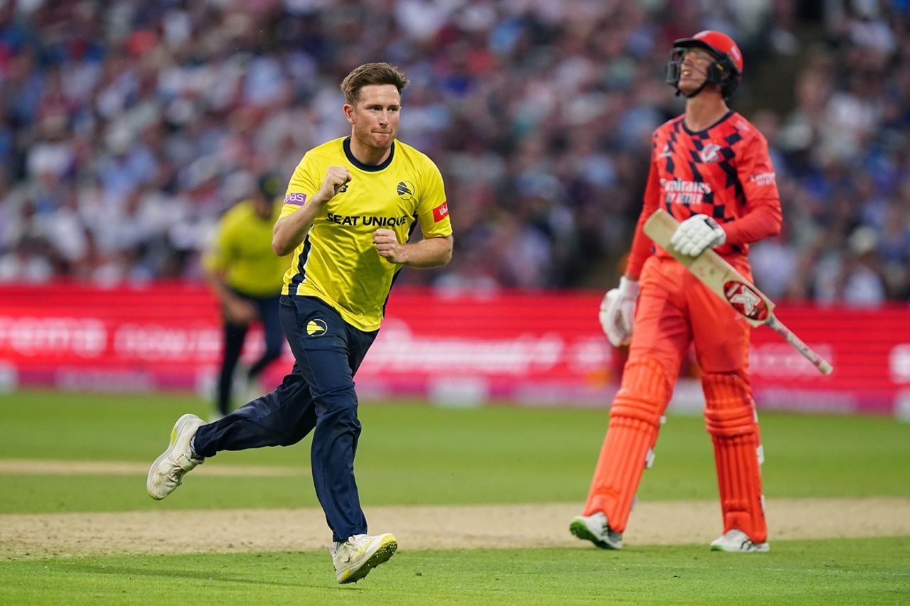 Liam Dawson celebrates taking Keaton Jennings' wicket, Vitality Blast T20, Final, Lancashire vs Hampshire, July 16, 2022