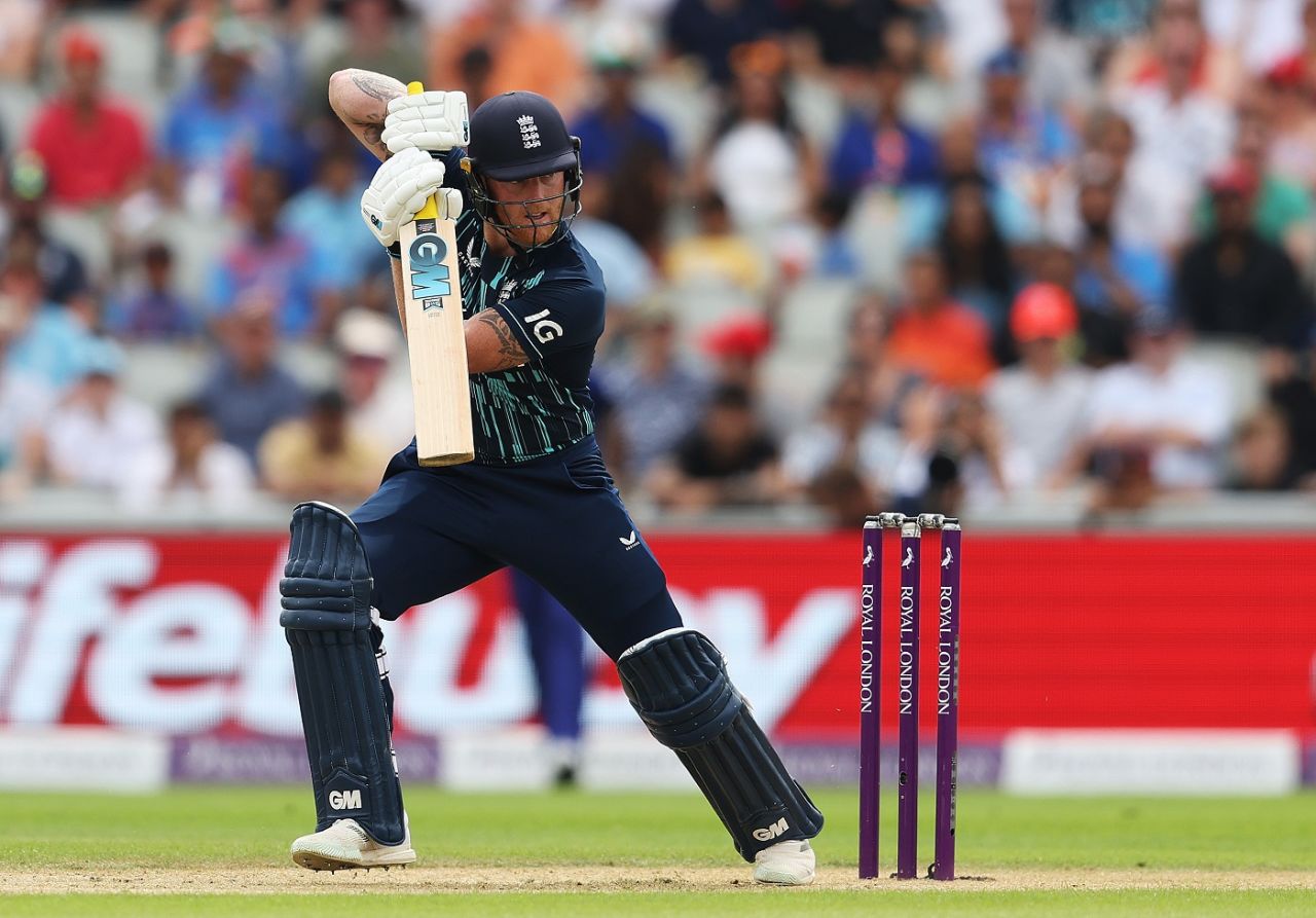 Ben Stokes drills the ball away, England vs India, 3rd ODI, Manchester, July 17, 2022
