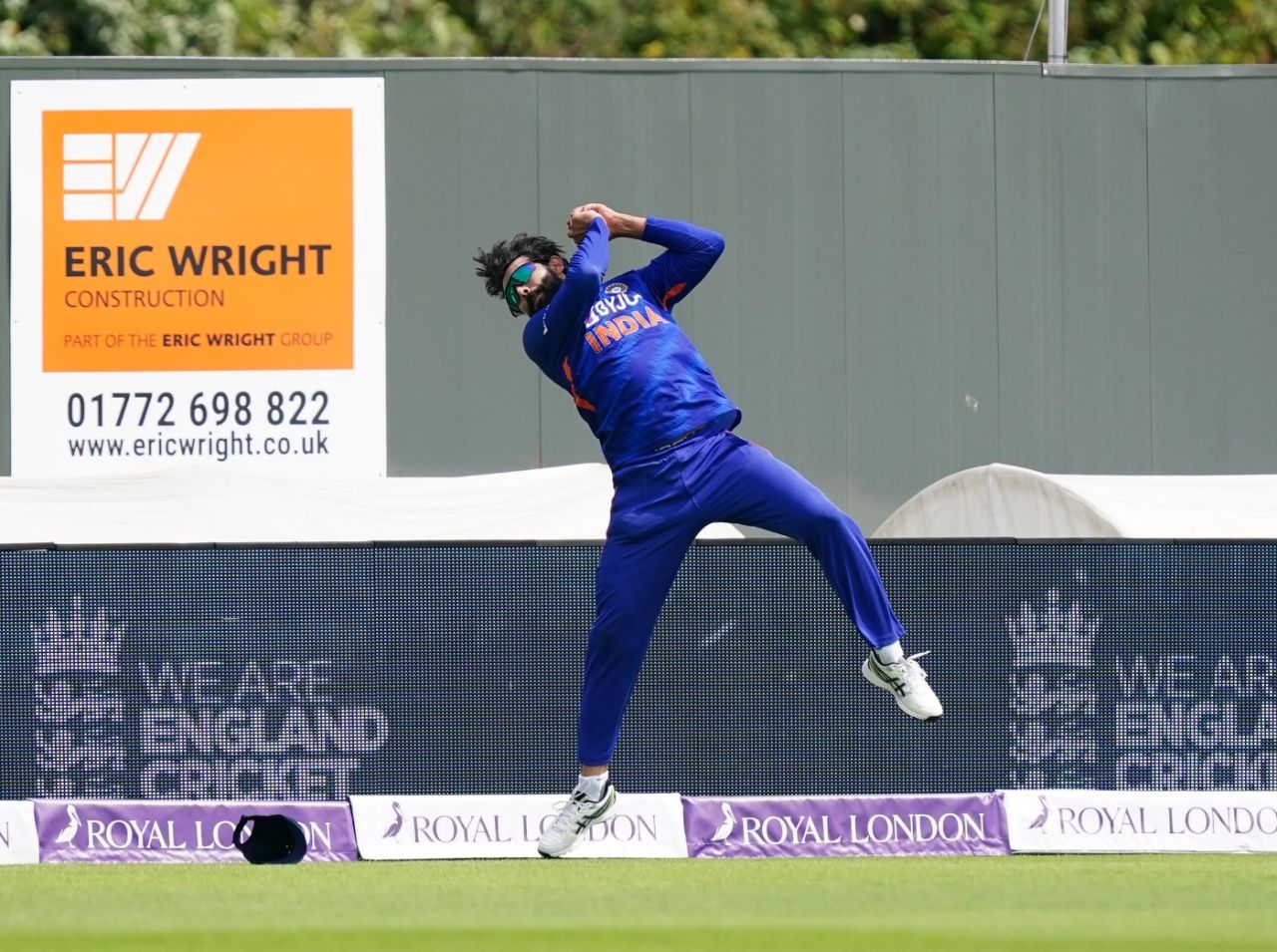 Ravindra Jadeja keeps a watchful eye on the boundary cushions while catching Liam Livingstone, England vs India, 3rd ODI, Manchester, July 17, 2022