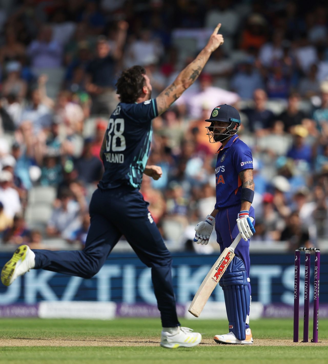 Reece Topley is over the moon after nicking off Virat Kohli, England vs India, 3rd ODI, Manchester, July 17, 2022