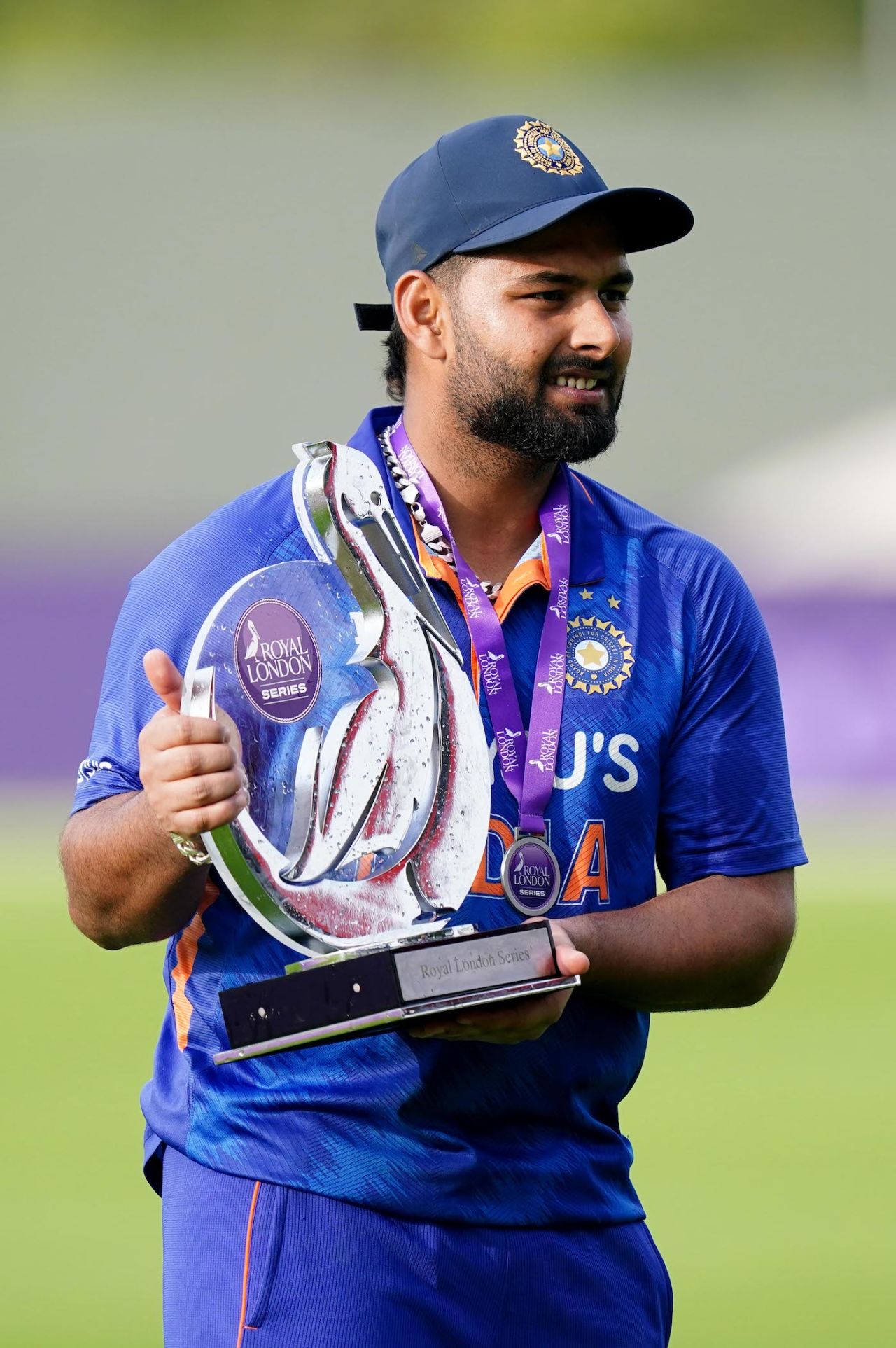 Rishabh Pant poses with his Player of the Match trophy, England vs India, 3rd ODI, Manchester, July 17, 2022