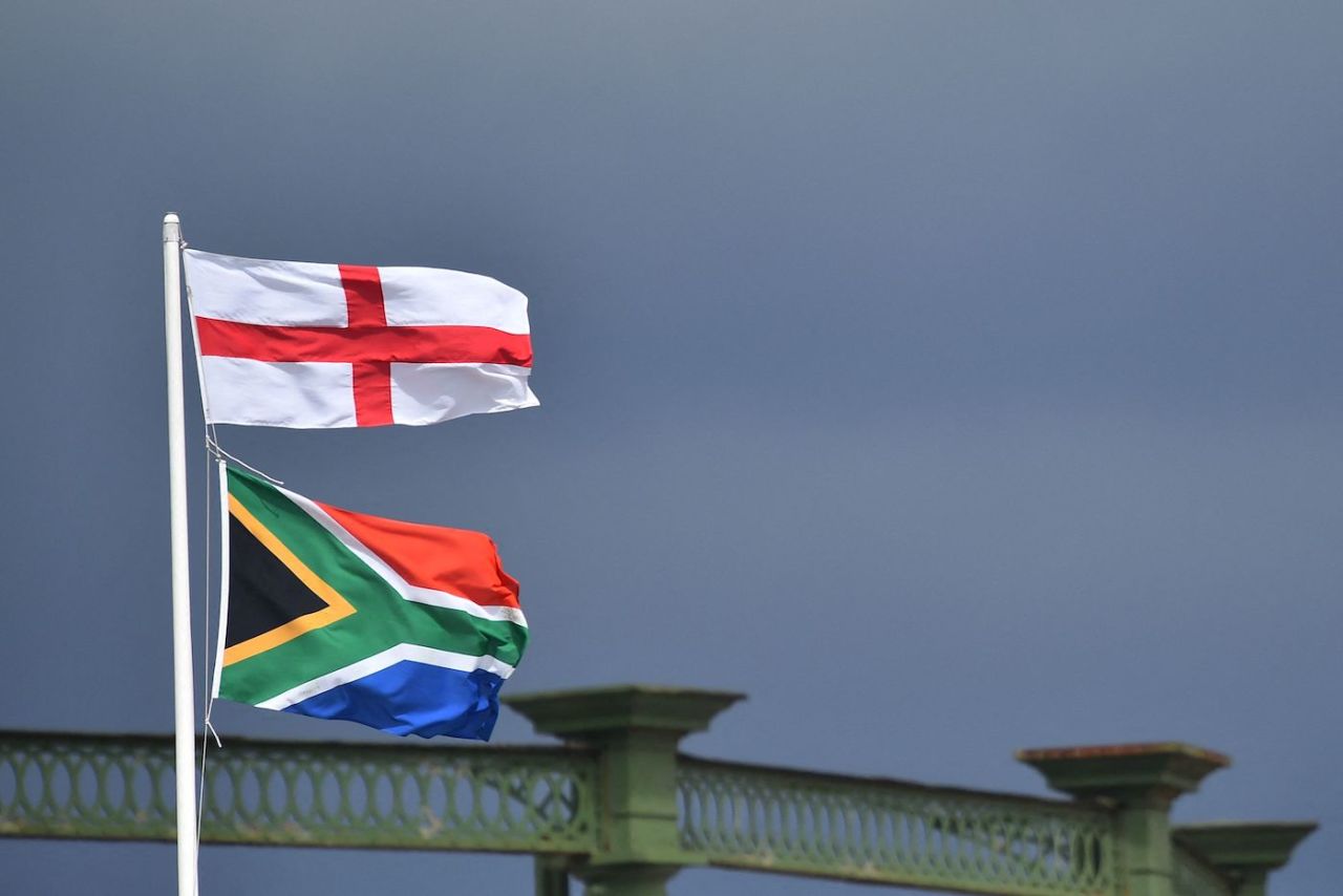 England and South Africa flags flutter as dark clouds hover over the ground, England v South Africa, 3rd Investec Test, The Oval, 4th day, July 30, 2017 