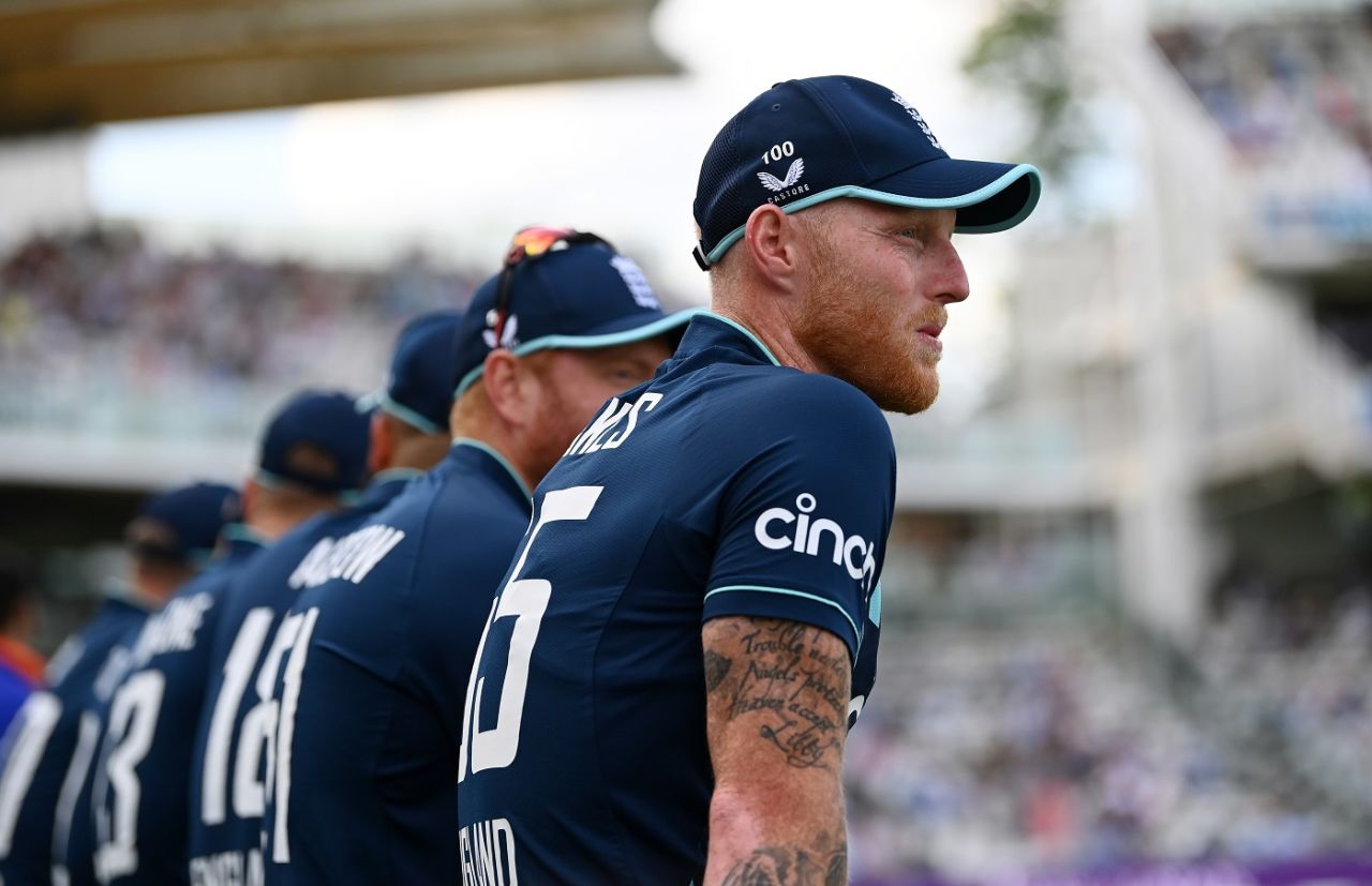 Ben Stokes lines up with the team before taking field, England vs India, 2nd ODI, Lord's, London, July 14, 2022