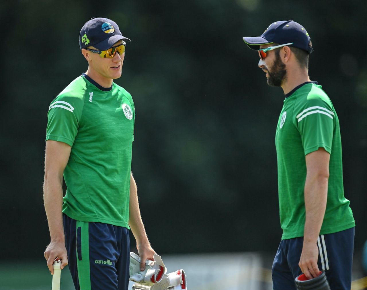 Harry Tector and Andrew Balbirnie have a chat in the build-up to the T20 opener, Ireland vs New Zealand, 1st T20I, Belfast, July 18, 2022
