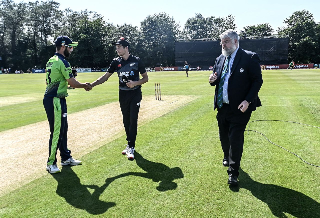 Andy Balbirnie and Mitchell Santner shake hands at the Toss, Ireland vs New Zealand, 1st T20I, Belfast, July 18, 2022