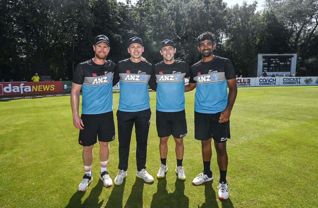 Debutants Michael Bracewell and Dane Cleaver alongside team-mates James Neesham and Ish Sodhi, Ireland vs New Zealand, 1st T20I, Belfast, July 18, 2022