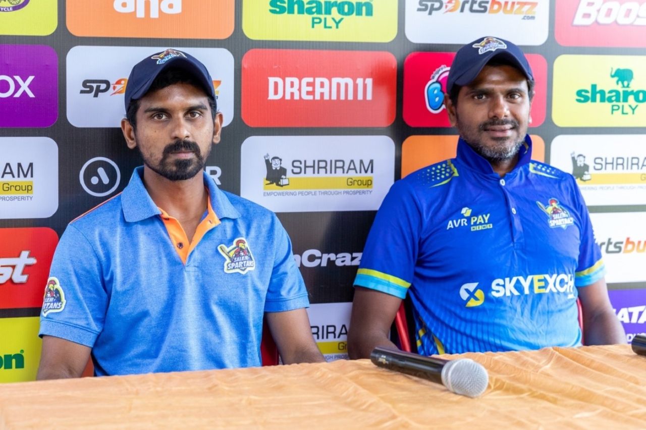 Salem Spartans captain M Ashwin and coach R Prasanna at a press conference, TNPL 2022, Salem, July 18, 2022
