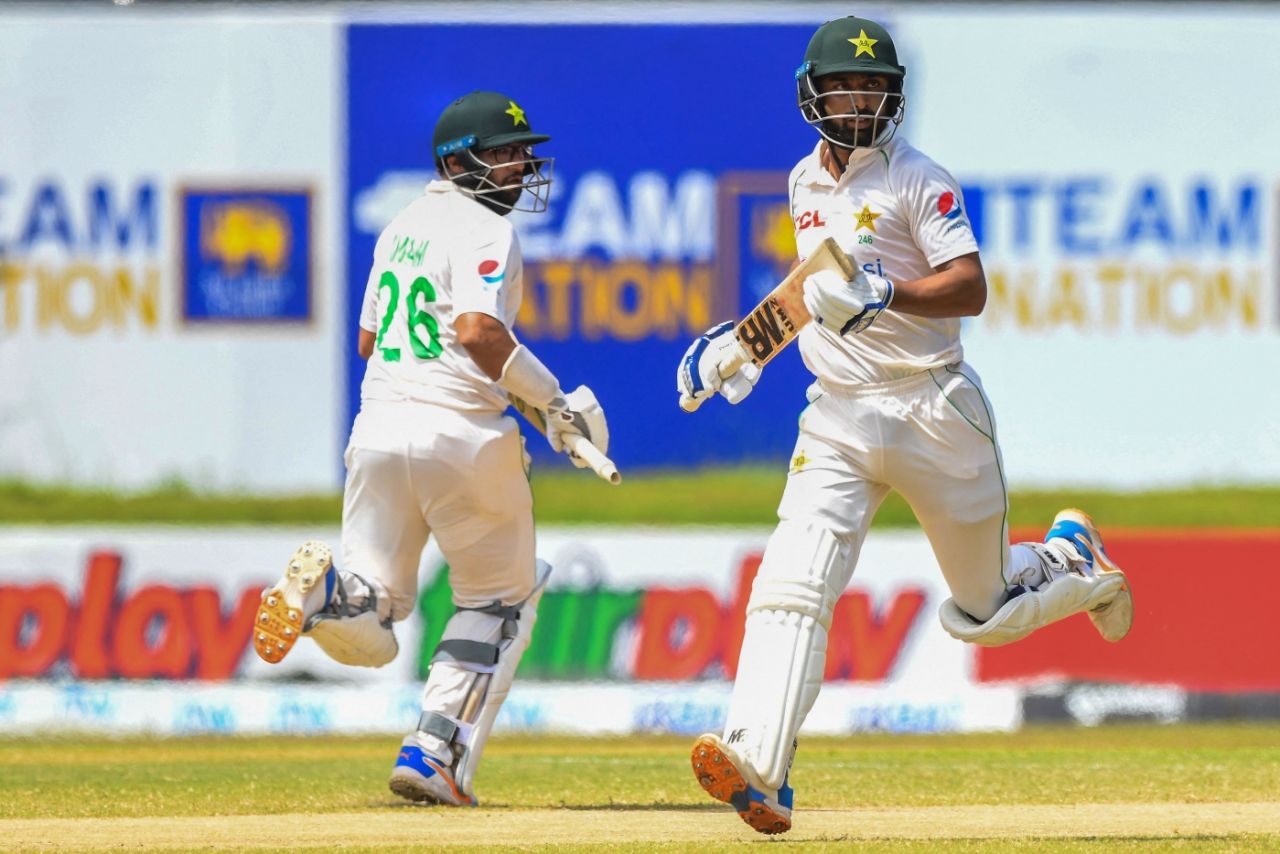 Imam-ul-Haq and Abdullah Shafique run between wickets, Sri Lanka vs Pakistan, 1st Test, Galle, 4th day, July 19, 2022