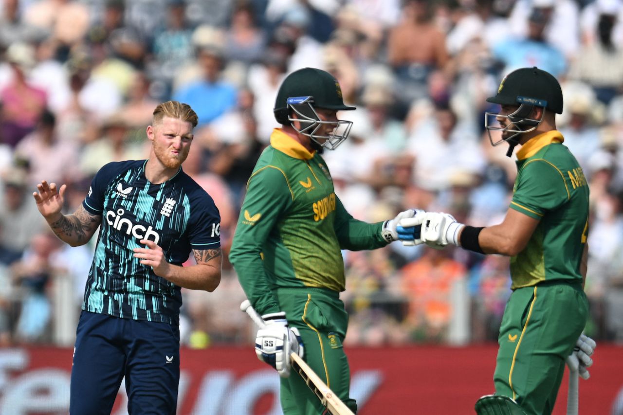 Ben Stokes watches on as Rassie van der Dussen and Aiden Markram share a glove-punch, England vs South Africa, 1st ODI, Chester-le-Street, July 19, 2022