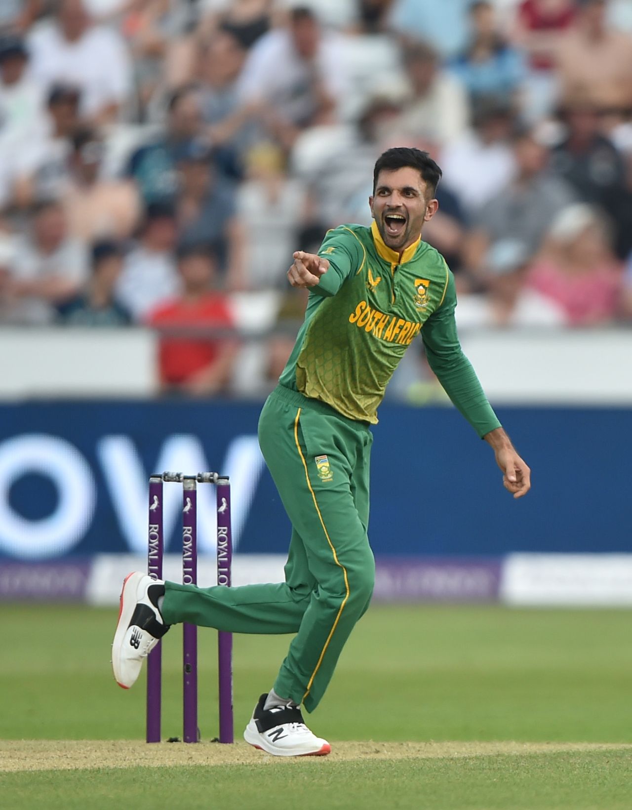 Keshav Maharaj was elated by dismissing Jason Roy, England vs South Africa, 1st ODI, Chester-le-Street, July 19, 2022
