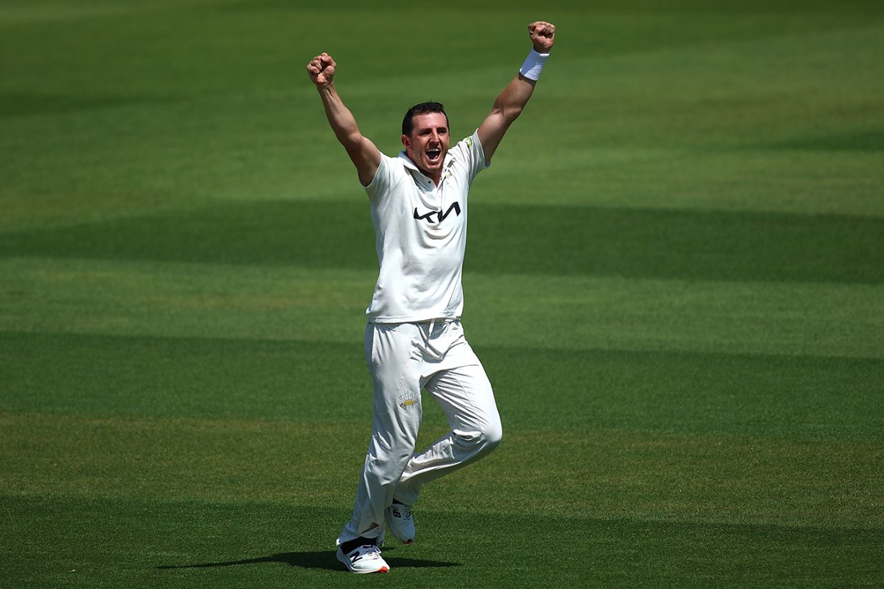 Dan Worrall celebrates a wicket, LV= Insurance County Championship, Division 1, Surrey vs Essex, The Kia Oval, July 19, 2022