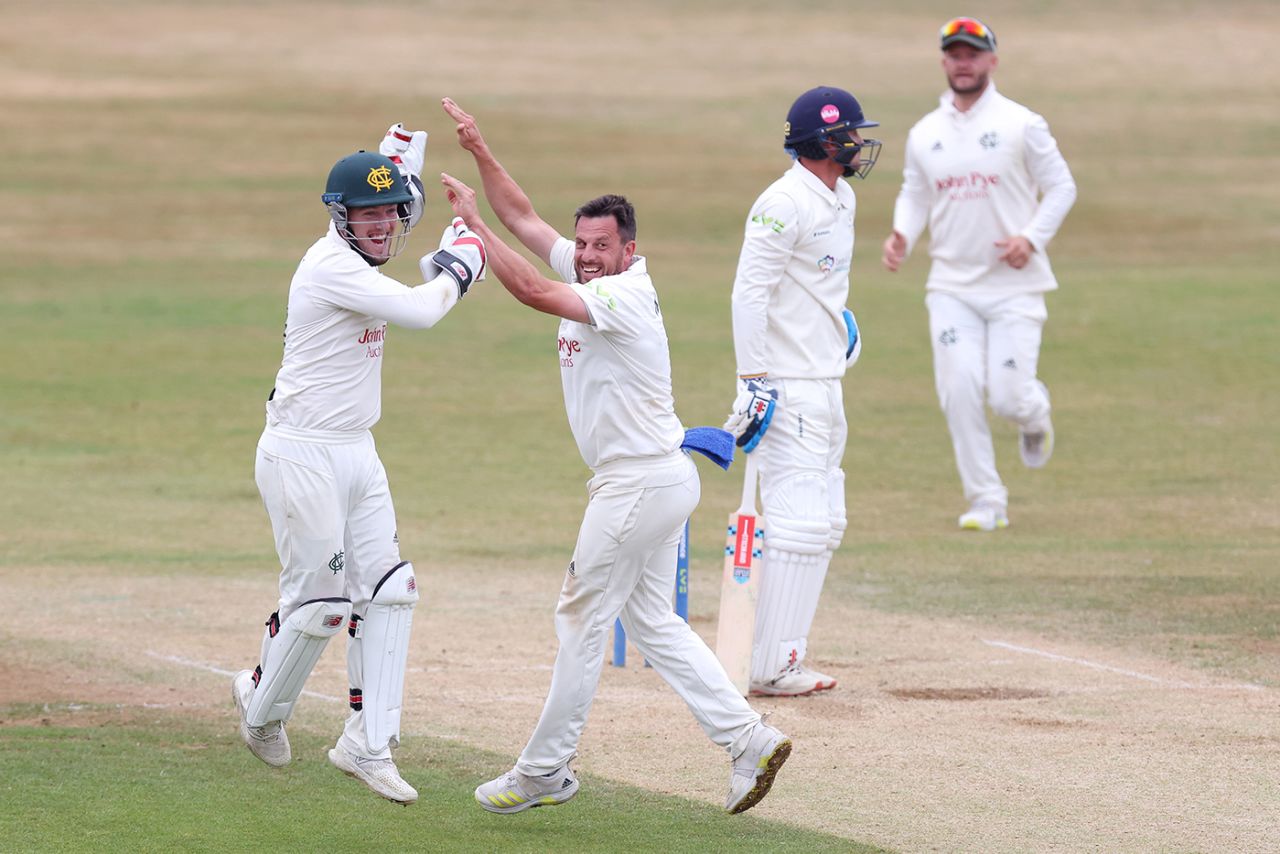 Tom Moores and Steven Mullaney celebrate removing Leus du Plooy, LV= Insurance County Championship, Division 2, Derbyshire vs Nottinghamshire, Derby, July 21, 2022