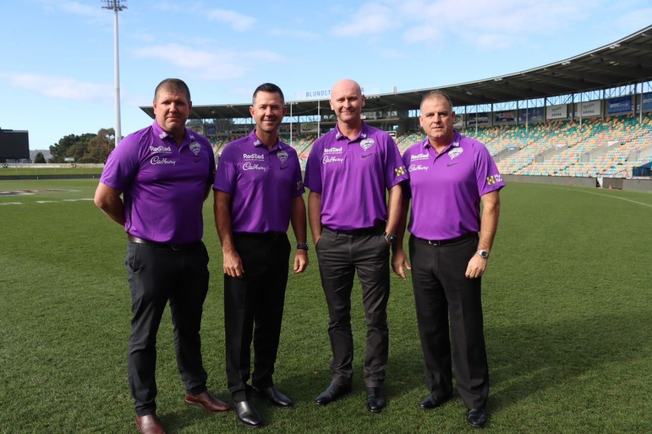 Hobart Hurricanes coaching team (left to right), James Hopes (assistant), Ricky Ponting (head of strategy), Jeff Vaughan (head coach) and Darren Berry (assistant)