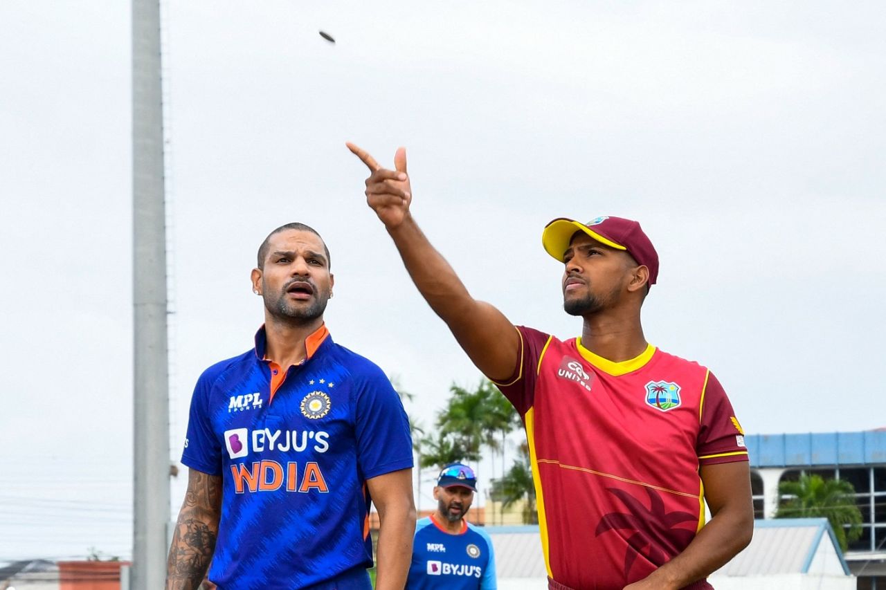 Shikhar Dhawan and Nicholas Pooran at the coin toss, West Indies vs India, 1st ODI, Port-of-Spain, July 22, 2022