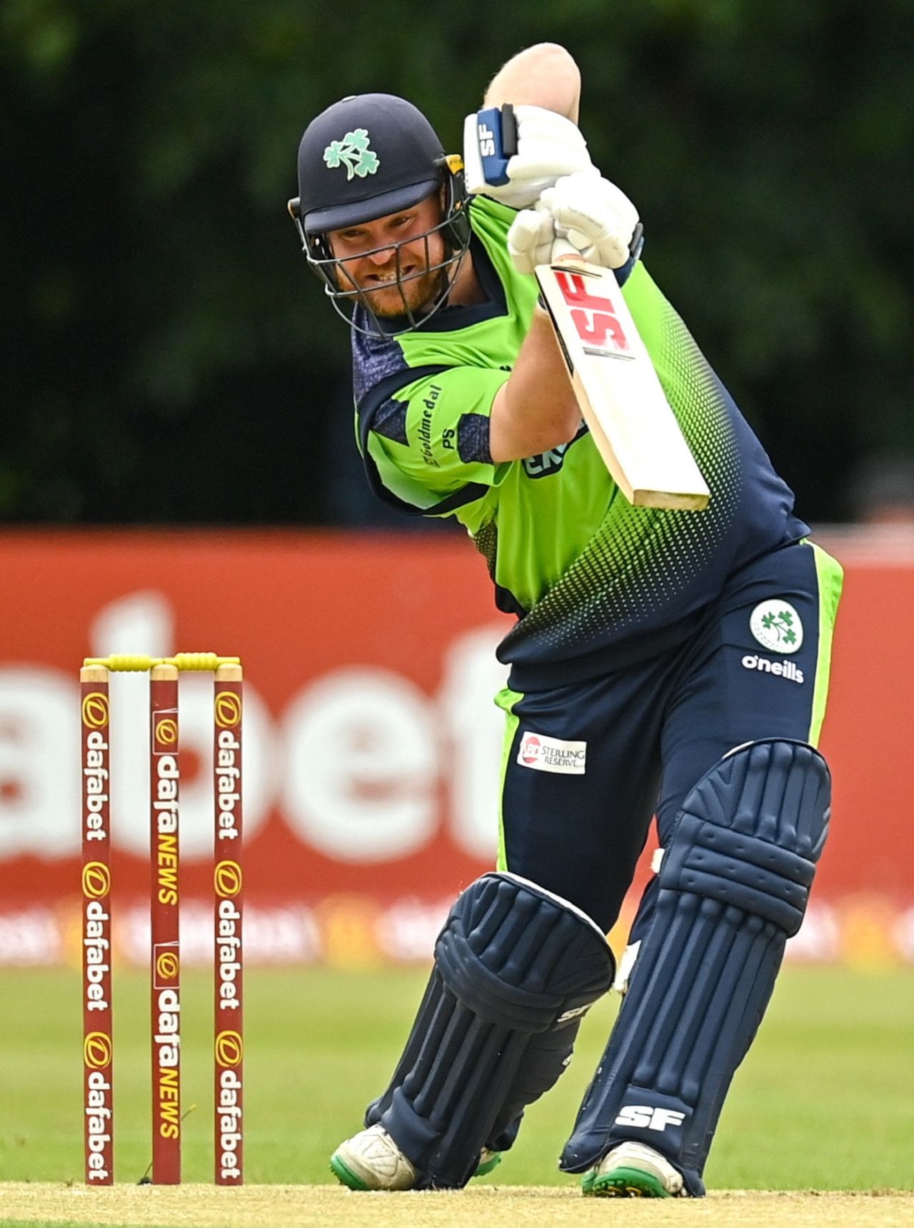 Paul Stirling comes forward to drive, Ireland vs New Zealand, 3rd T20I, Belfast, July 22, 2022
