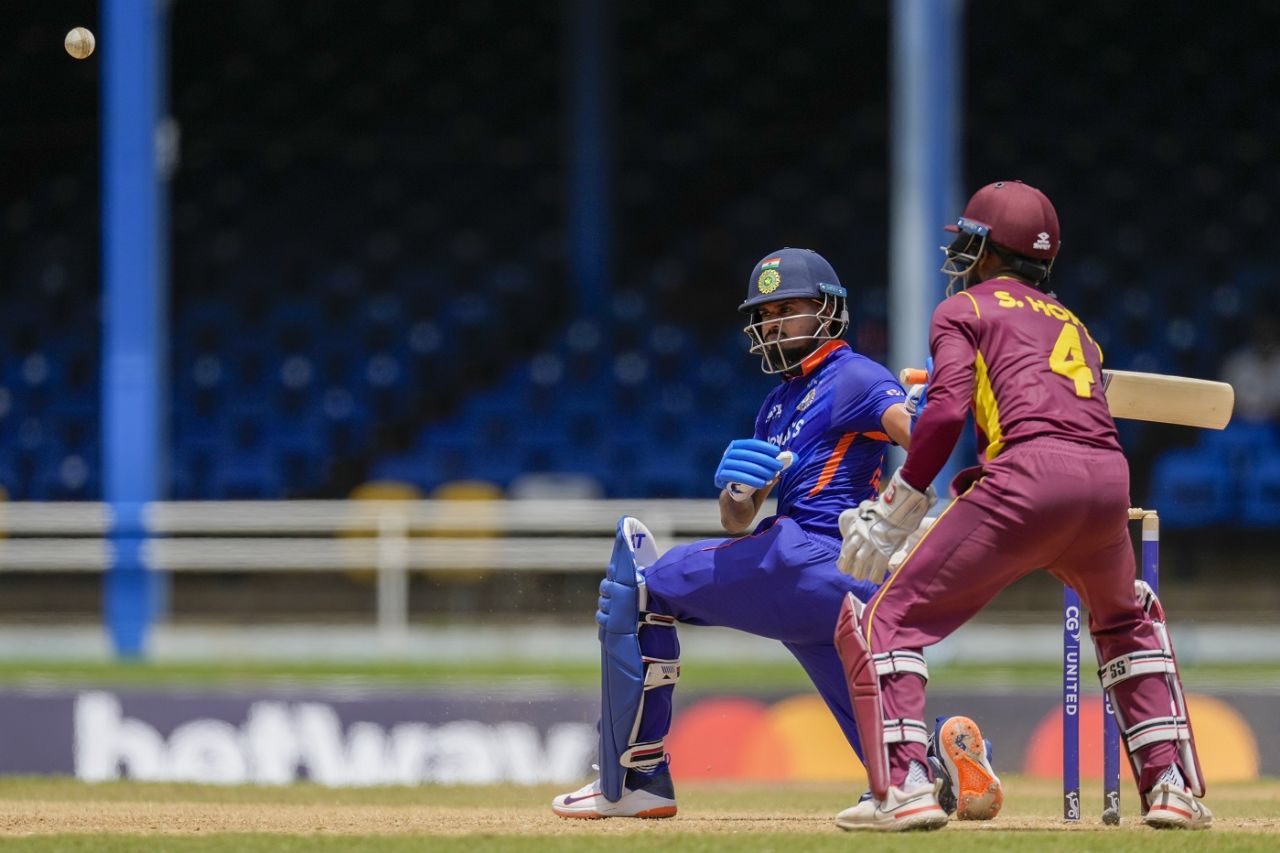 Shreyas Iyer goes to sweep, West Indies vs India, 1st ODI, Port-of-Spain, July 22, 2022