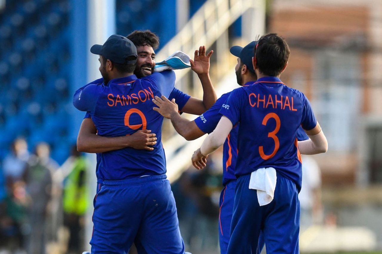 That's the win - Mohammed Siraj celebrates with his team-mates after finishing the job, West Indies vs India, 1st ODI, Port of Spain, July 22, 2022