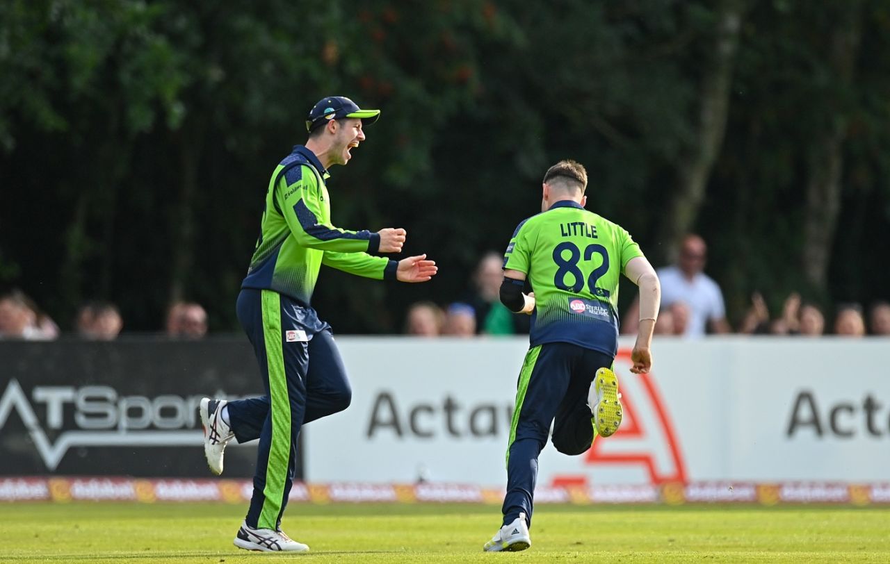 Josh Little wheels away in celebration after removing Daryl Mitchell, Ireland vs New Zealand, 3rd T20I, Belfast, July 22, 2022