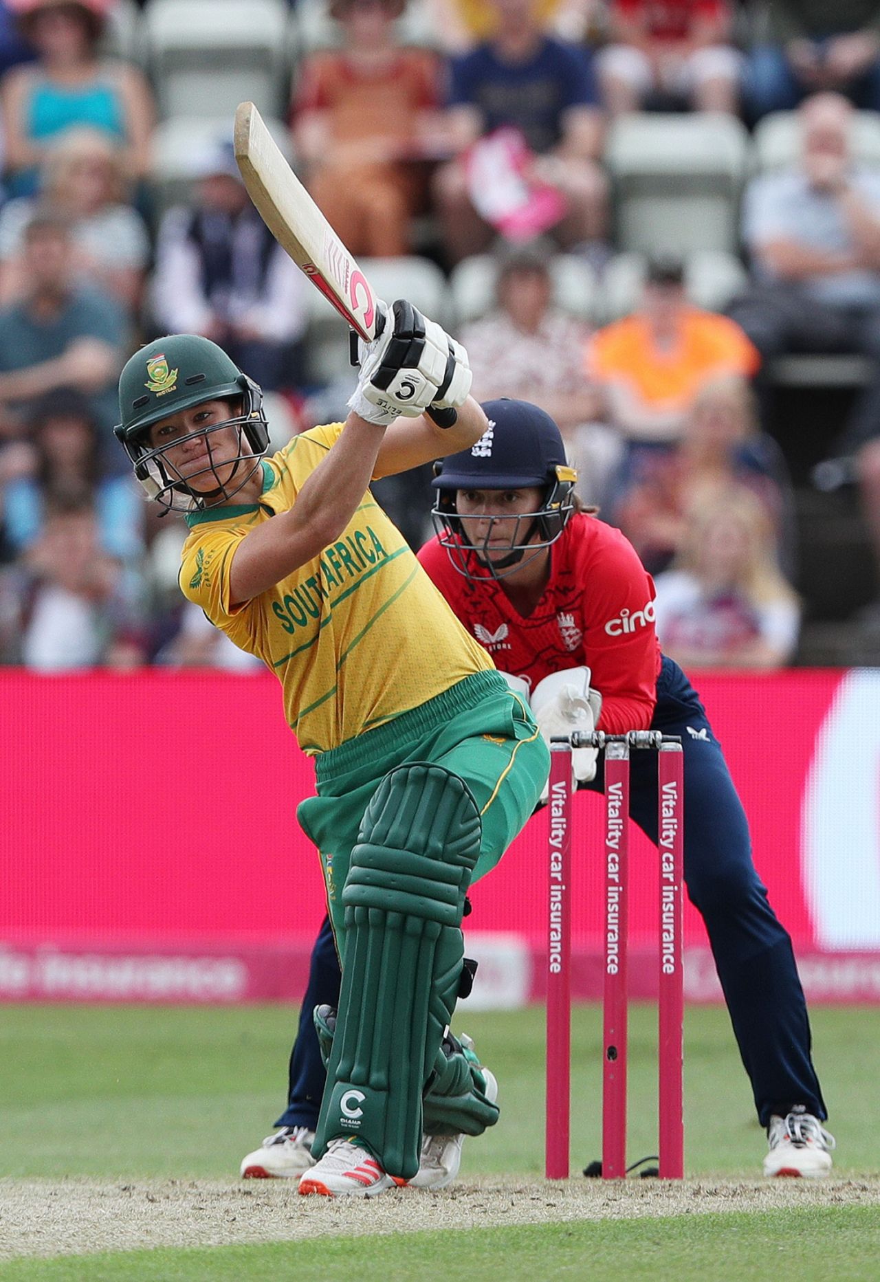 Anneke Bosch lofts down the ground during her 61, England vs South Africa, 2nd women's T20I, Worcester, July 23, 2022