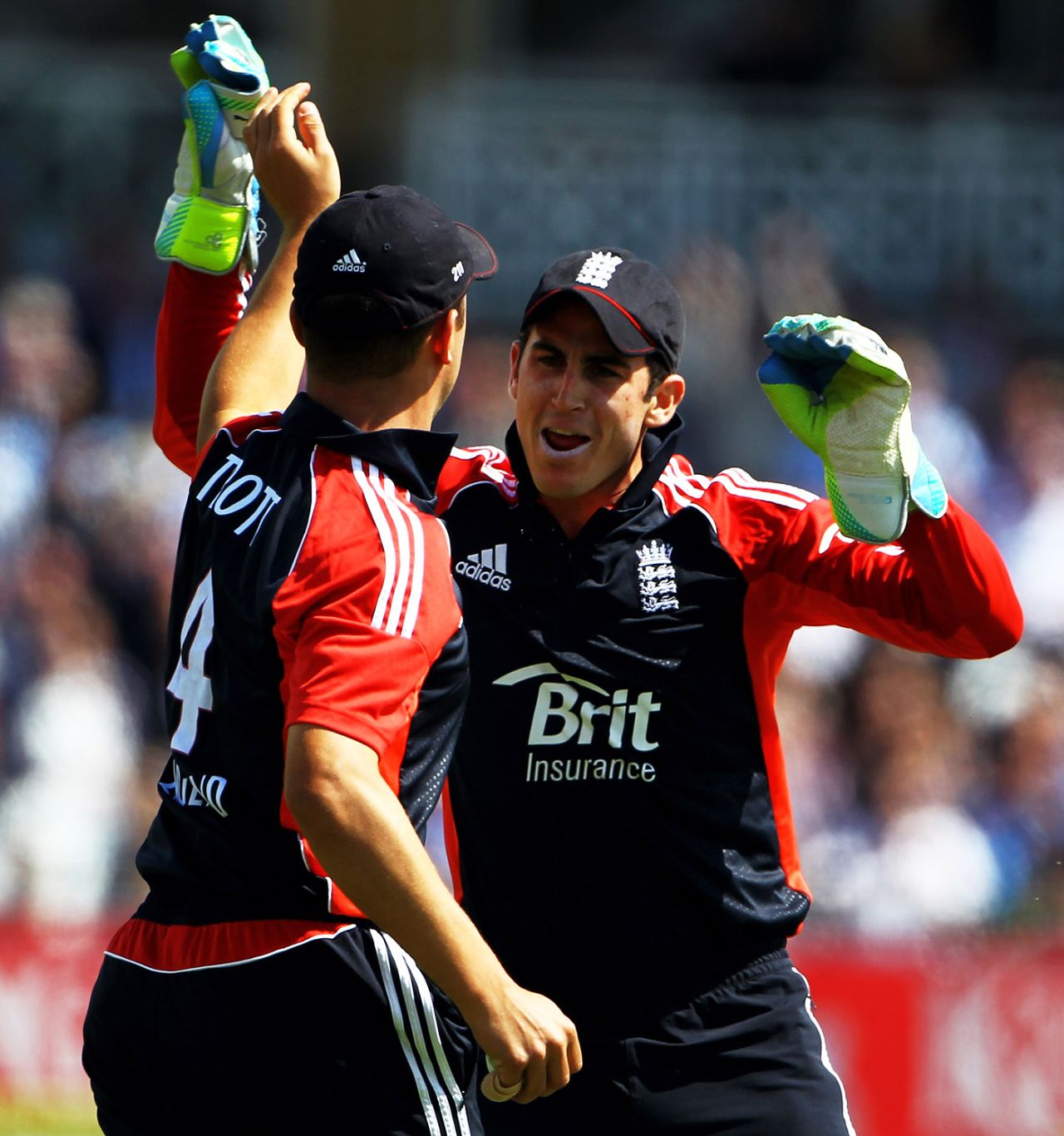 Jonathan Trott and Craig Kieswetter celebrate a wicket, England v Sri Lanka, 4th ODI, Trent Bridge, July 6 2011