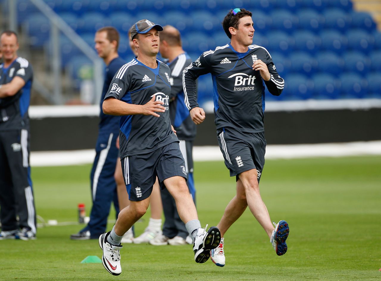 Jonathan Trott and Craig Kieswetter warm up during a net session, Cardiff, August 23, 2012