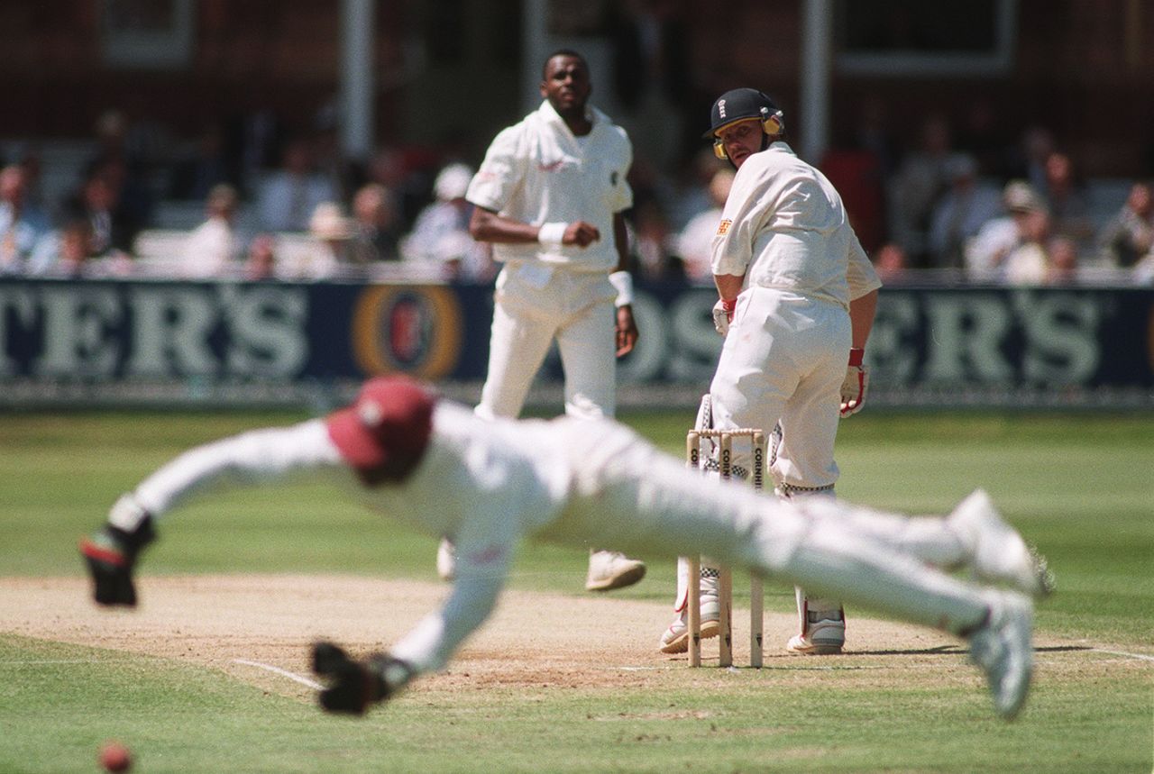 Robin Smith looks back after edging a delivery from Courtney Walsh, England v West Indies, Lord's, 1st day, June 22, 1995