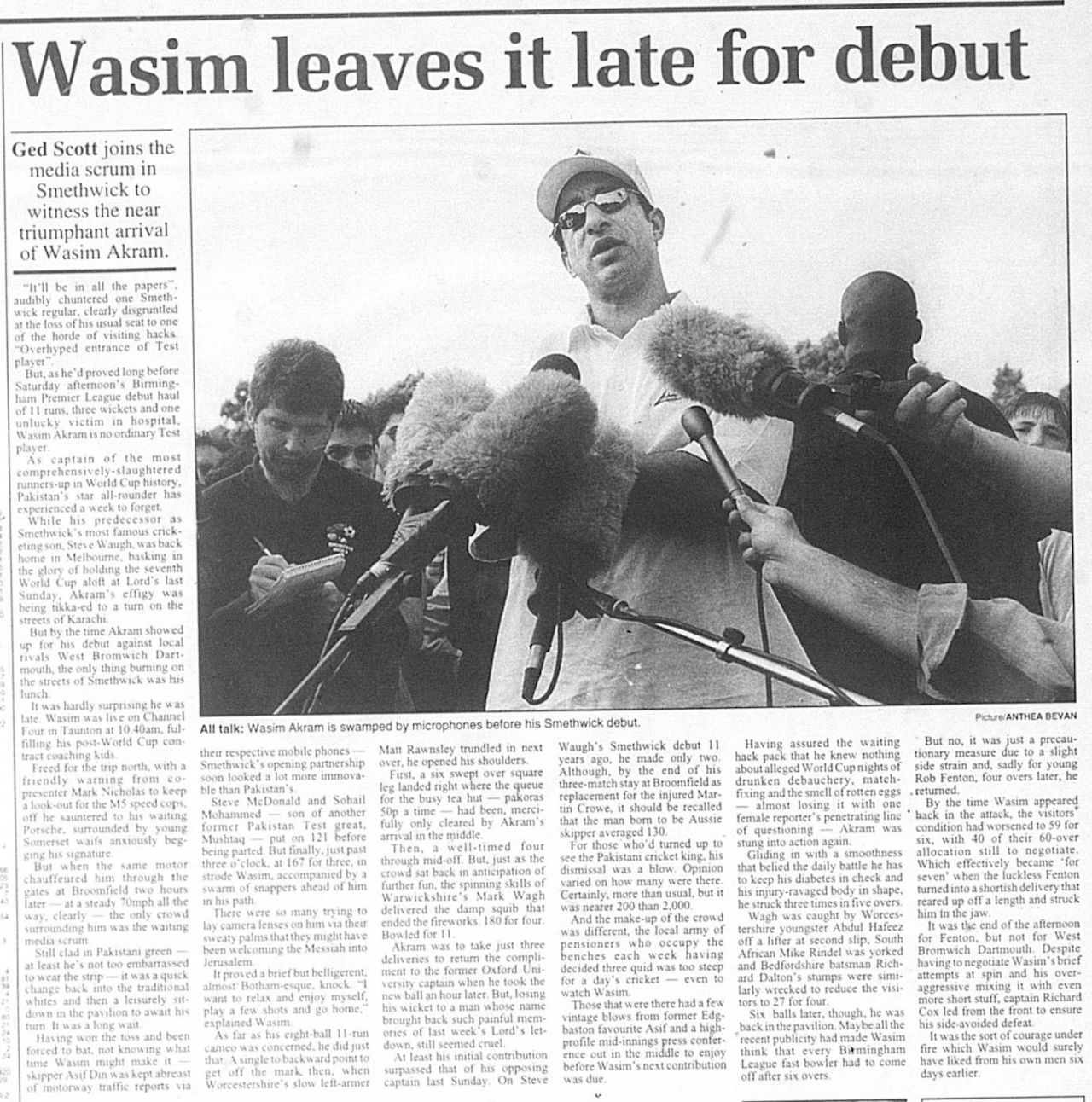 A clipping from the Birmingham Post about Wasim Akram playing for Smethwick Cricket Club in the Birmingham and District Cricket League, 1999