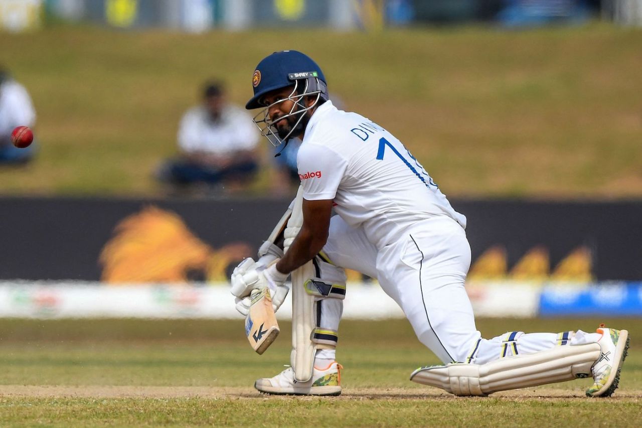 Dimuth Karunaratne attempts a reverse sweep on the fourth morning, Sri Lanka vs Pakistan, 2nd Test, Galle, 4th day, July 27, 2022