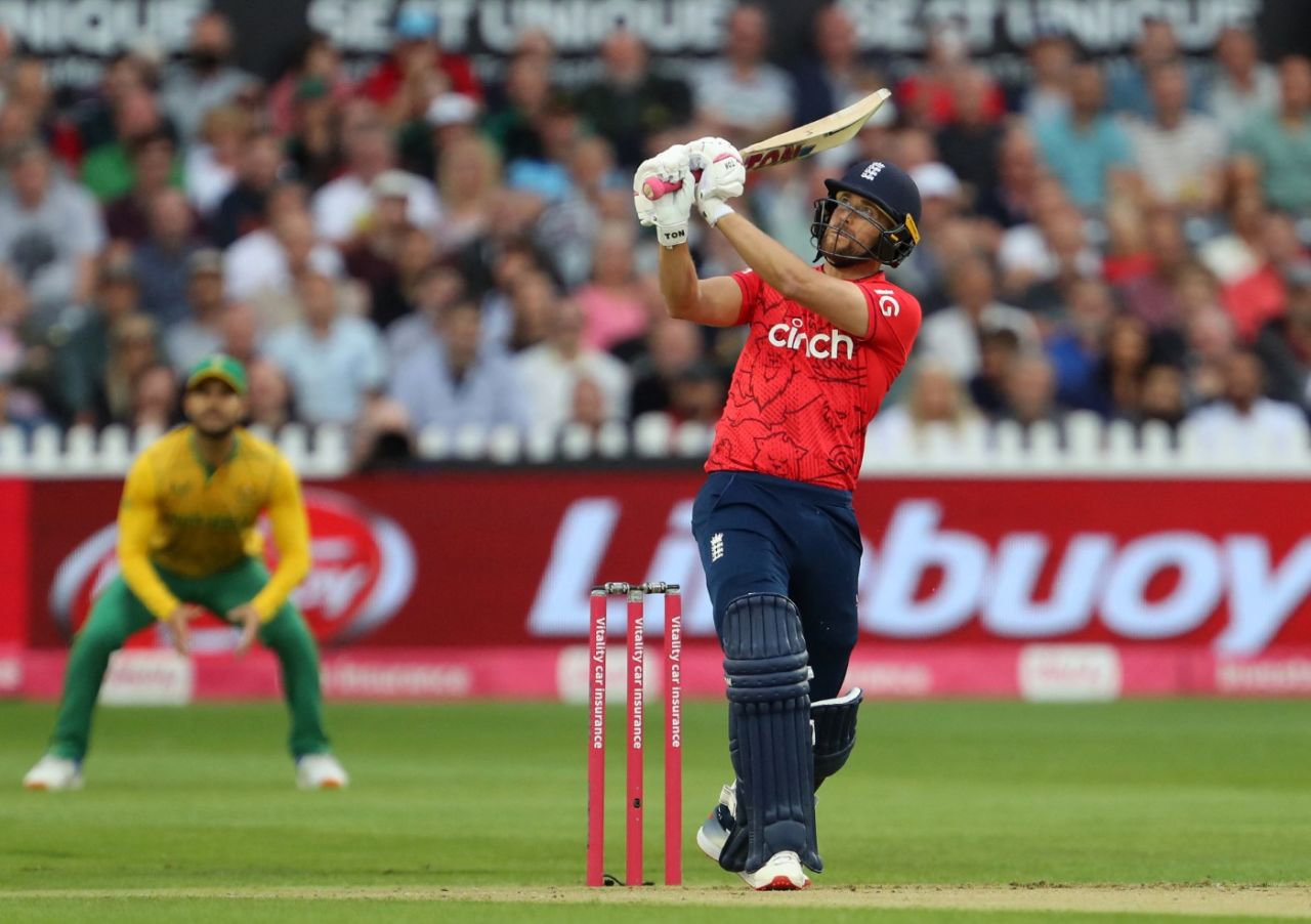 Dawid Malan launches a six over the leg side in the first T20I fixture, England vs South Africa, Bristol, July 27, 2022