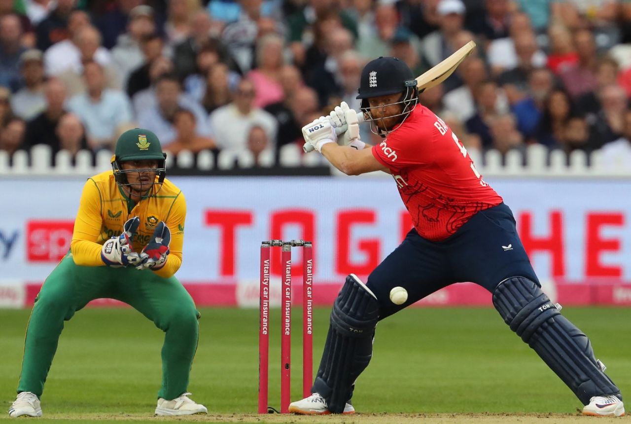 Jonny Bairstow cuts the ball through the offside in the first T20I fixture, England vs South Africa, Bristol, July 27, 2022