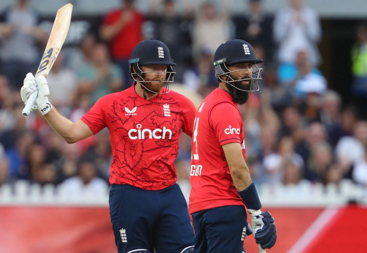 Jonny Bairstow celebrates a sublime fifty during the first T20I fixture, England vs South Africa, Bristol, July 27, 2022