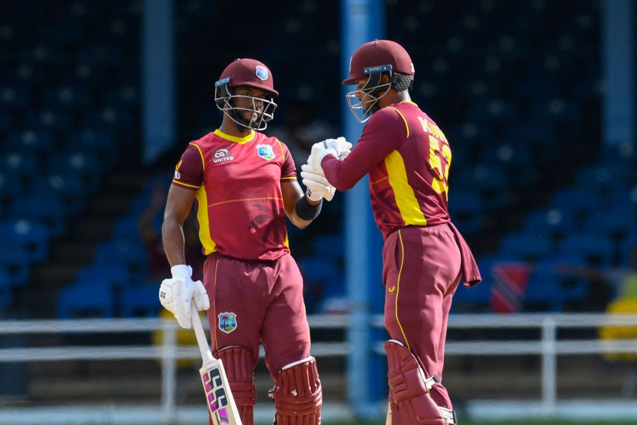 Shai Hope and Brandon King punch gloves, West Indies vs India, 3rd ODI, Port of Spain, July 27, 2022