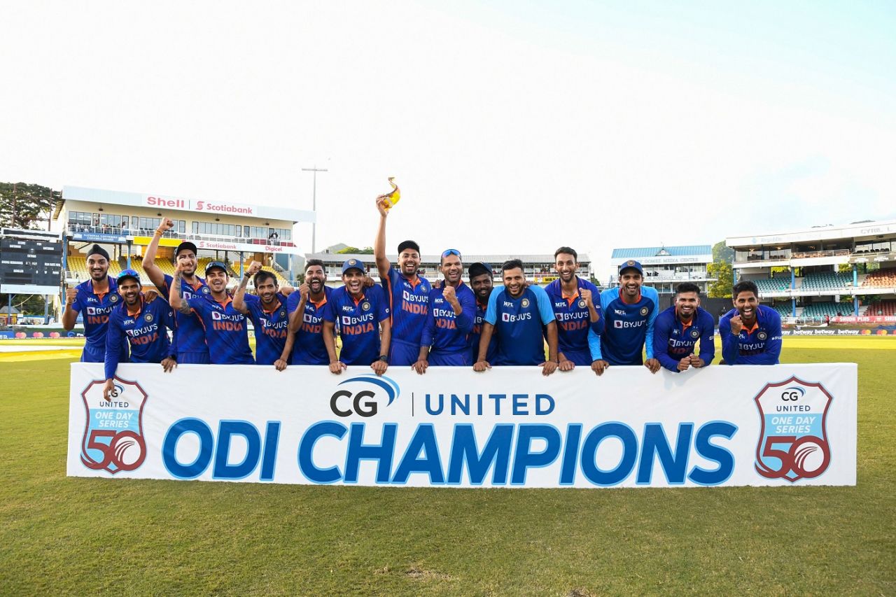 The Indian team pose with the trophy after a 3-0 sweep against West Indies, West Indies vs India, 3rd ODI, Port of Spain, July 27, 2022