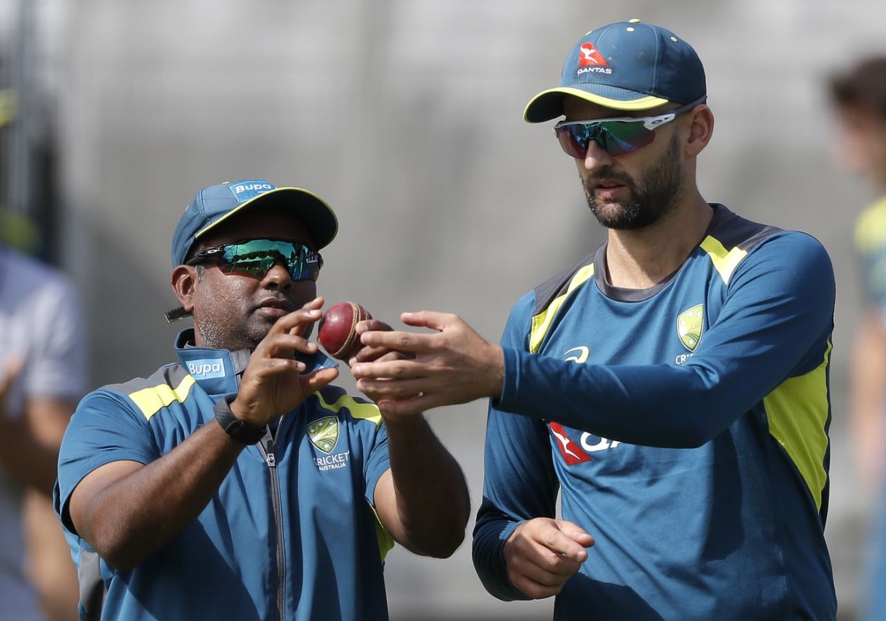 Sridharan Sriram working with Nathan Lyon during the 2019 Ashes