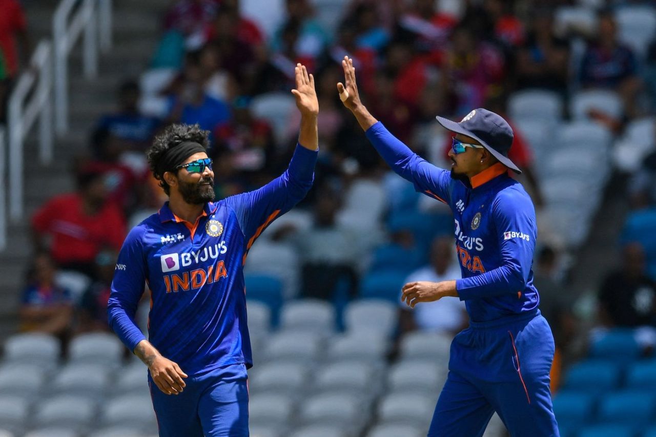 Ravindra Jadeja has a high-five with Shreyas Iyer after picking up Jason Holder's wicket, West Indies vs India, 1st T20I, Tarouba, July 29, 2022