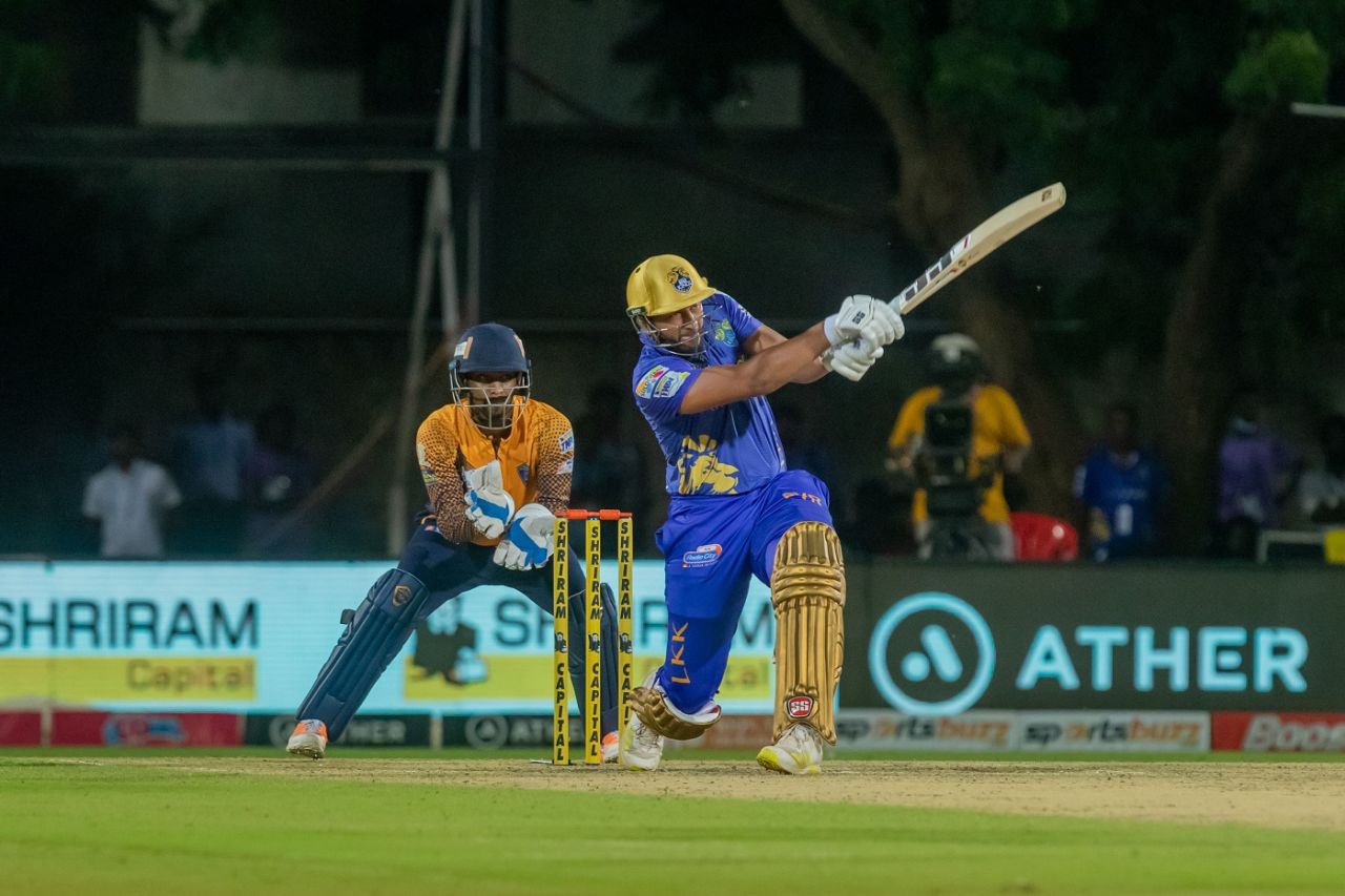 M Shahrukh Khan wallops a six over midwicket, Lyca Kovai Kings vs Nellai Royal Kings, TNPL 2022, Coimbatore, July 29, 2022