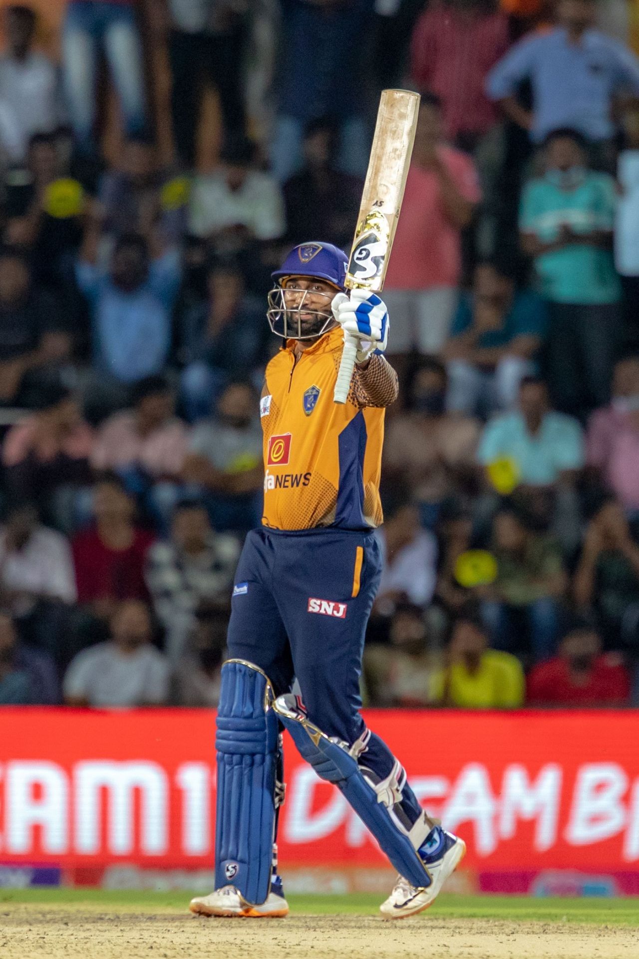 R Sanjay Yadav raises his bat after reaching a half-century, Lyca Kovai Kings vs Nellai Royal Kings, TNPL 2022, Coimbatore, July 29, 2022