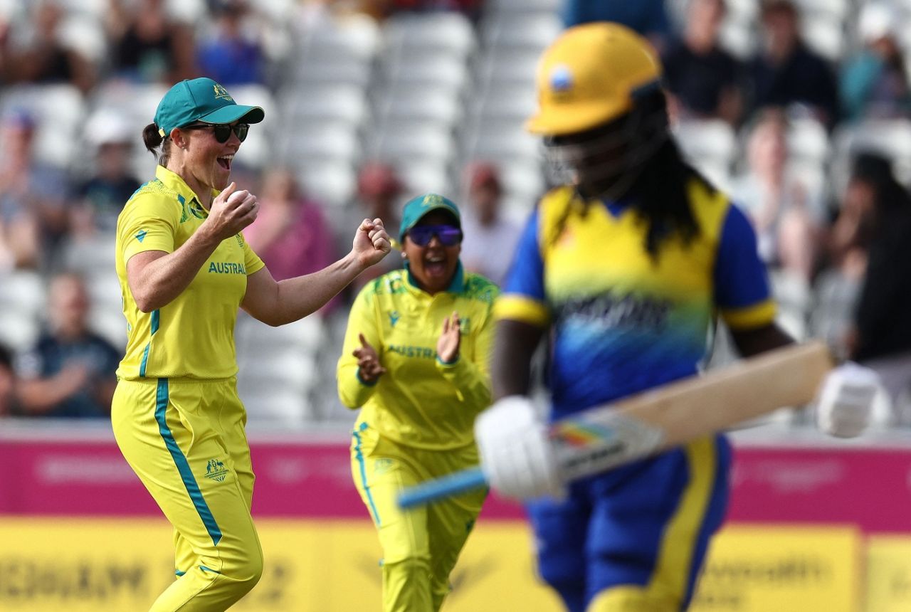 Grace Harris and Alana King celebrate the fall of a wicket, Australia vs Barbados, Group A, Commonwealth Games T20, Edgbaston, July 31, 2022
