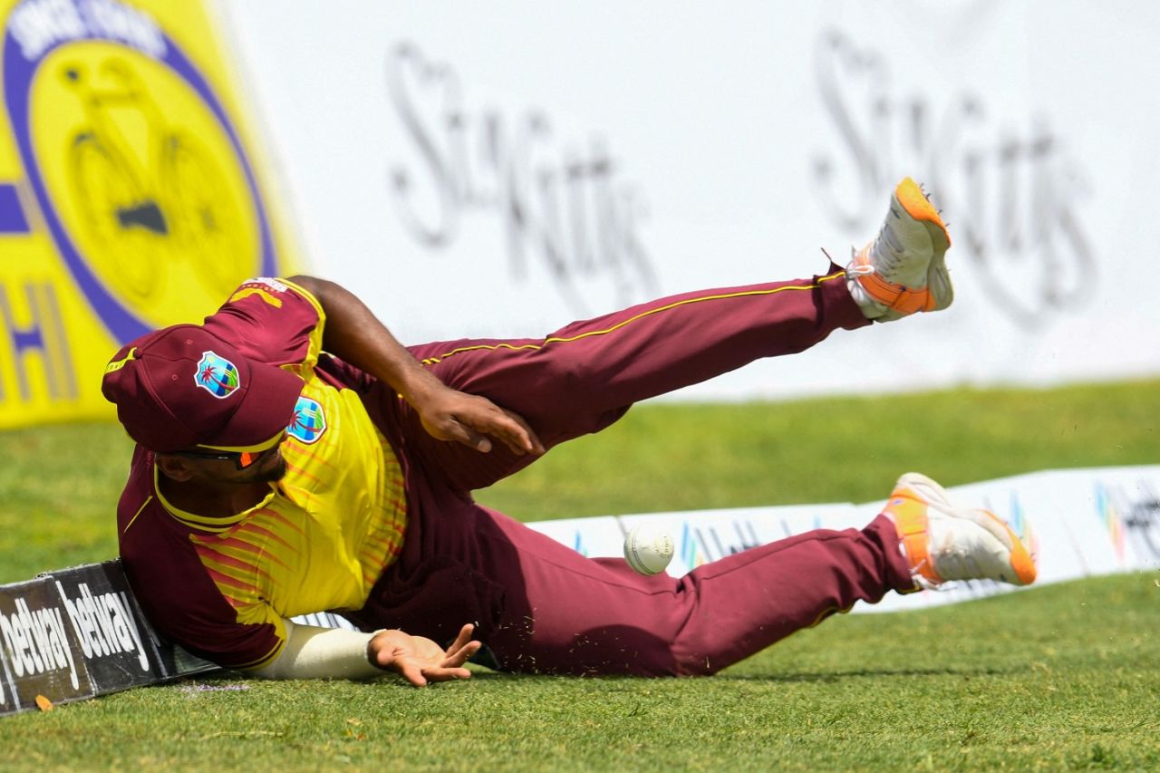 Nicholas Pooran attempts to stop a boundary, West Indies vs India, 2nd T20I, St Kitts, August 1, 2022