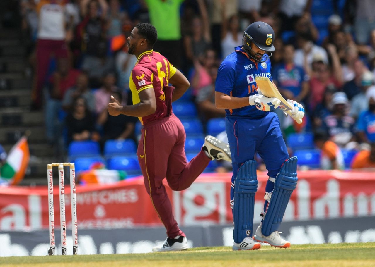 Rohit Sharma fell to Obed McCoy first ball of the innings, West Indies vs India, 2nd T20I, St Kitts, August 1, 2022
