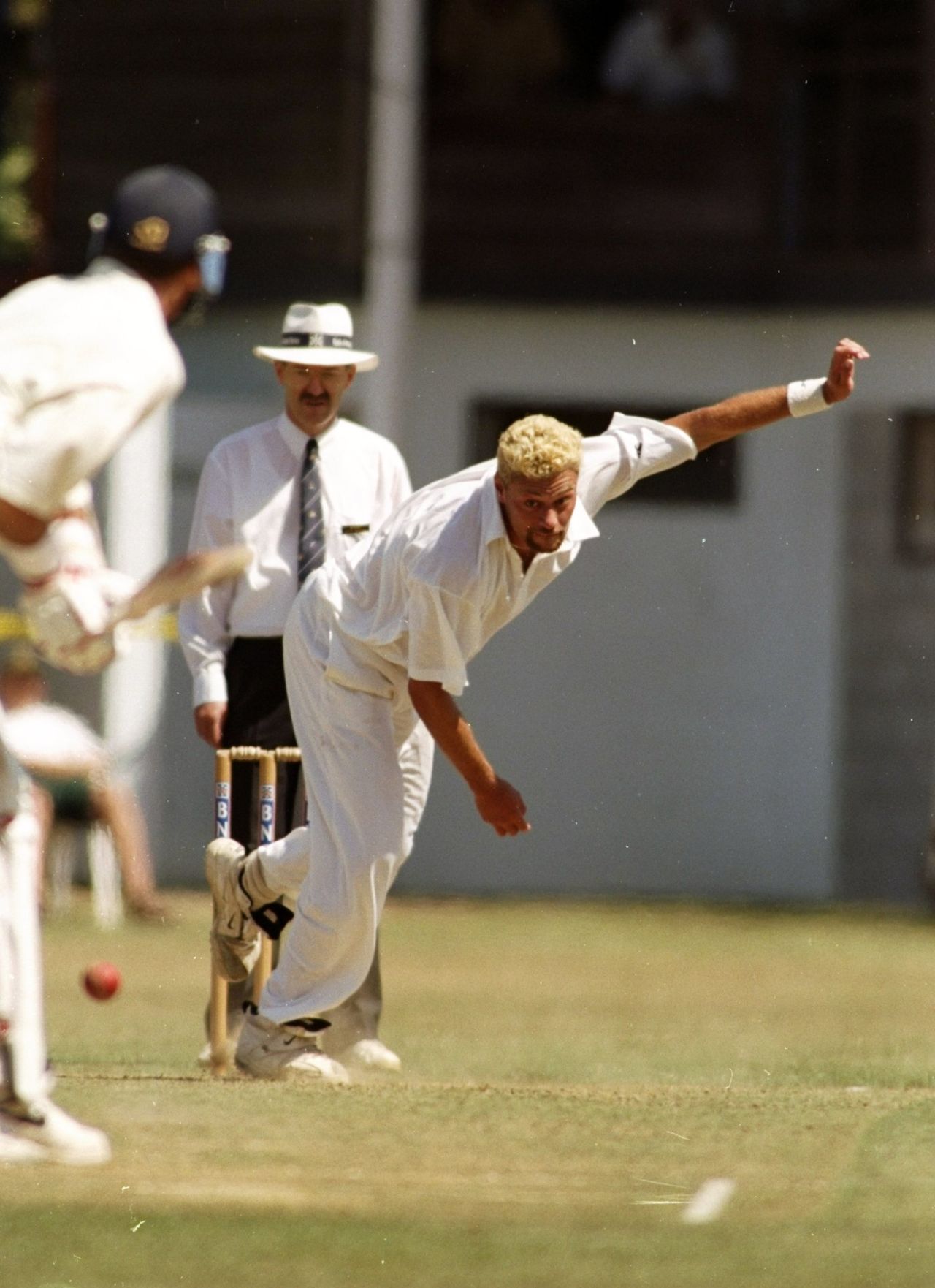 Heath Davis of New Zealand A bowls against England during the tour match at Victoria Park, Wanganui, January 30, 1997
