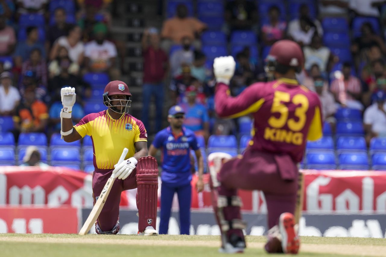 Kyle Mayers and Brandon King take the knee before the game, West Indies vs India, 3rd T20I, Basseterre, August 2, 2022