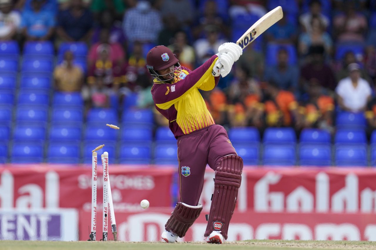 Brandon King got an inside edge onto his stumps, West Indies vs India, 3rd T20I, Basseterre, August 2, 2022