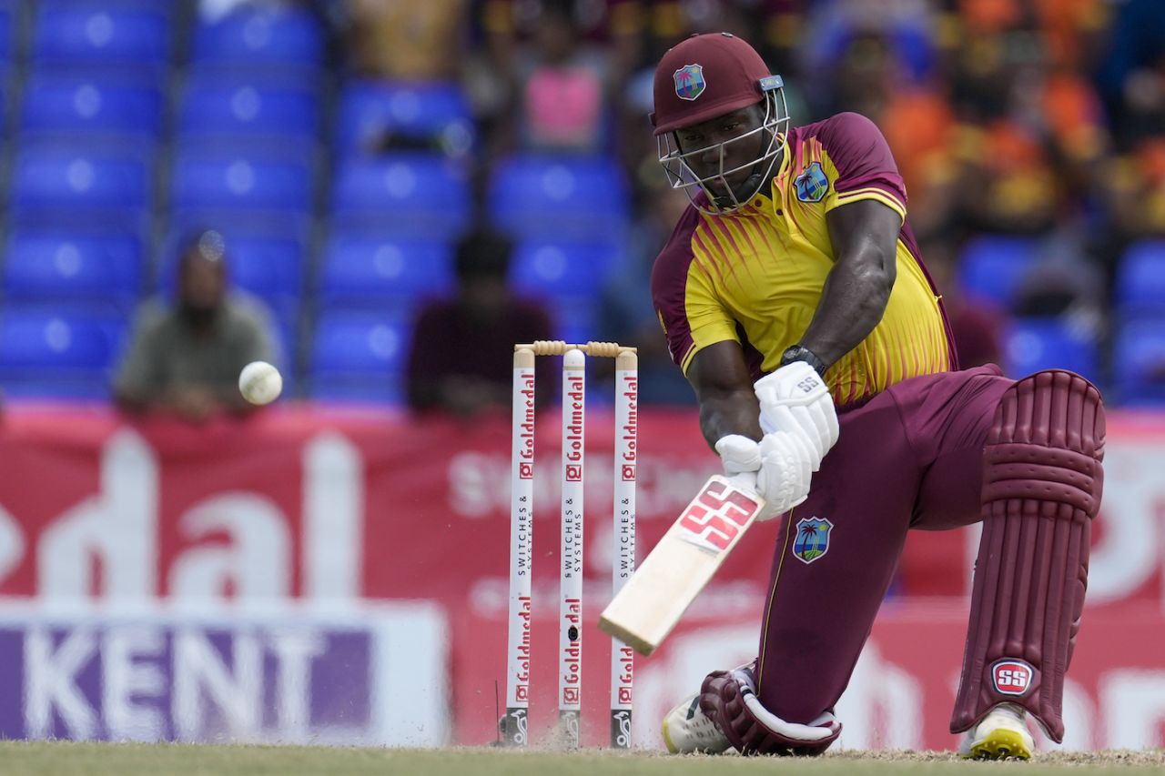 Rovman Powell muscles the ball away, West Indies vs India, 3rd T20I, Basseterre, August 2, 2022