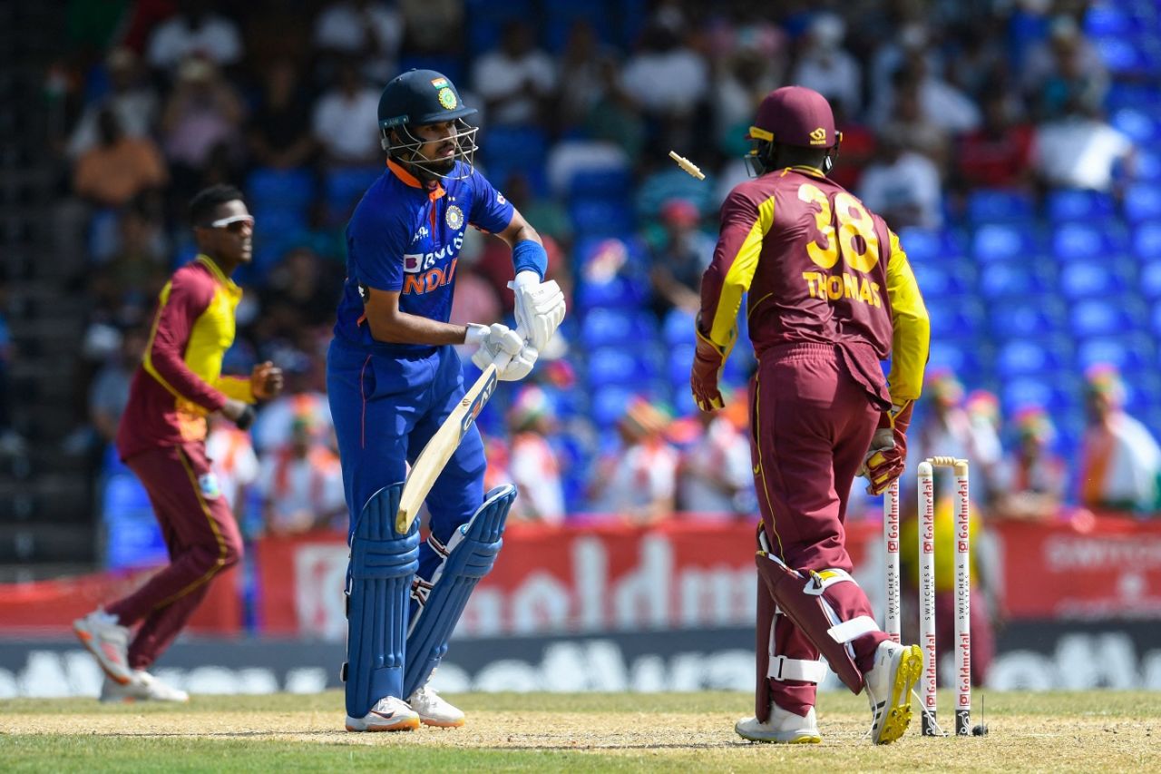 Shreyas Iyer was stumped for a 27-ball 24, West Indies vs India, 3rd T20I, Basseterre, August 2, 2022